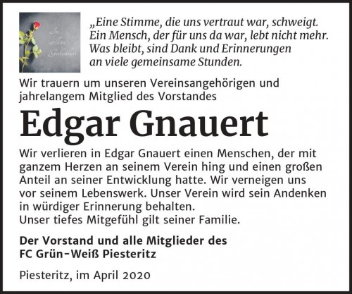 Wir trauern um Ehrenpräsident Edgar Gnauert