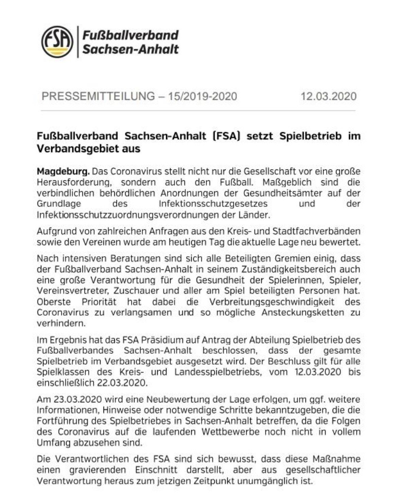 Kein Spielbetrieb bis zum 22.März 2020